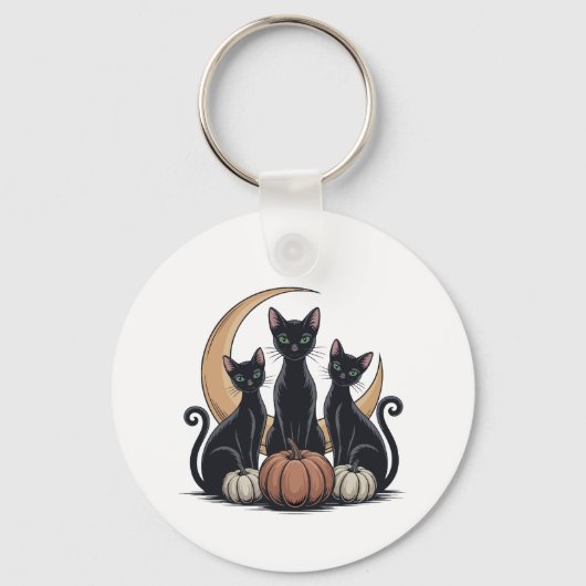Whimsigothic Black Cats Pumpkin Moon Halloween キーホルダー (正面)