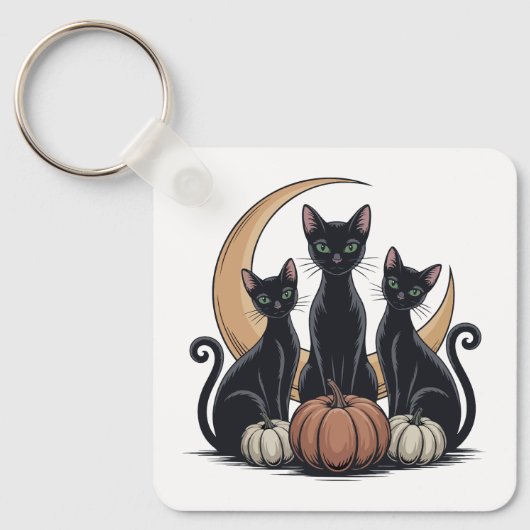 Whimsigothic Black Cats Pumpkin Moon Halloween キーホルダー (正面)