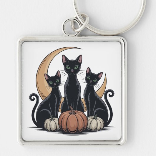 Whimsigothic Black Cats Pumpkin Moon Halloween キーホルダー (正面)