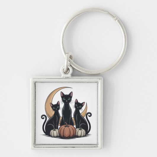 Whimsigothic Black Cats Pumpkin Moon Halloween キーホルダー (正面)