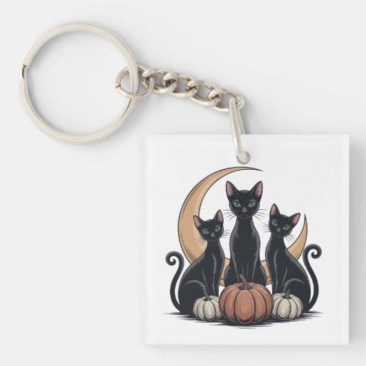 Whimsigothic Black Cats Pumpkin Moon Halloween キーホルダー (正面)