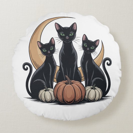 Whimsigothic Black Cats Pumpkin Moon Halloween ラウンドクッション (正面)