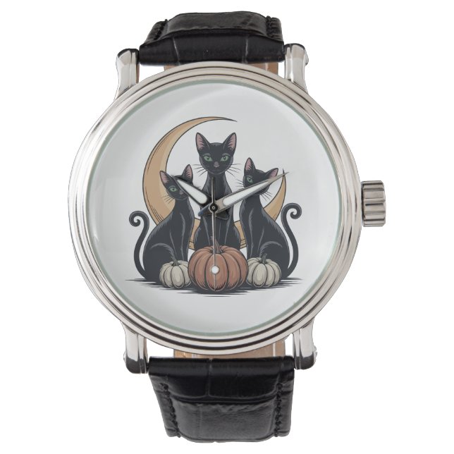 Whimsigothic Black Cats Pumpkin Moon Halloween 腕時計 (正面)