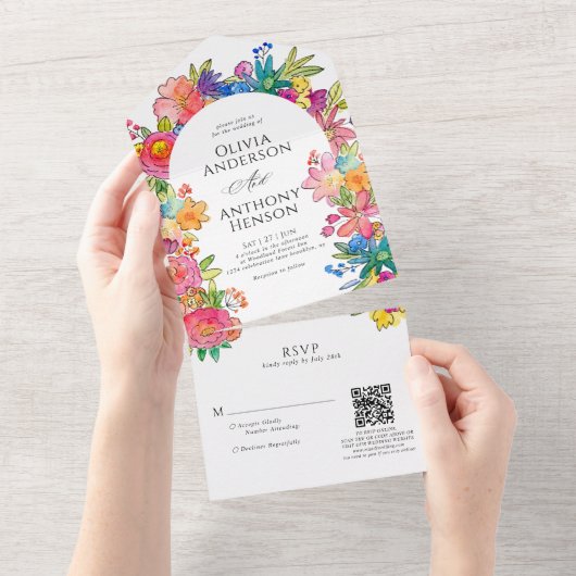 Whimsyはっきりしたフローラ水色QRコード結婚s オールインワン招待状 (貼ってはがせる)