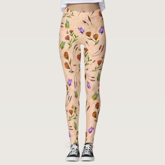 Whimsy Bloom Floral Butterfly Pattern Leggings レギンス (正面)