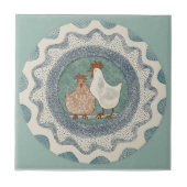 Whimsy Chickens Mint Blue Terracotta Teal Aqua タイル (正面)