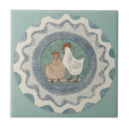 Whimsy Chickens Mint Blue Terracotta Teal Aqua タイル