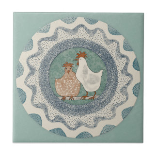 Whimsy Chickens Mint Blue Terracotta Teal Aqua タイル