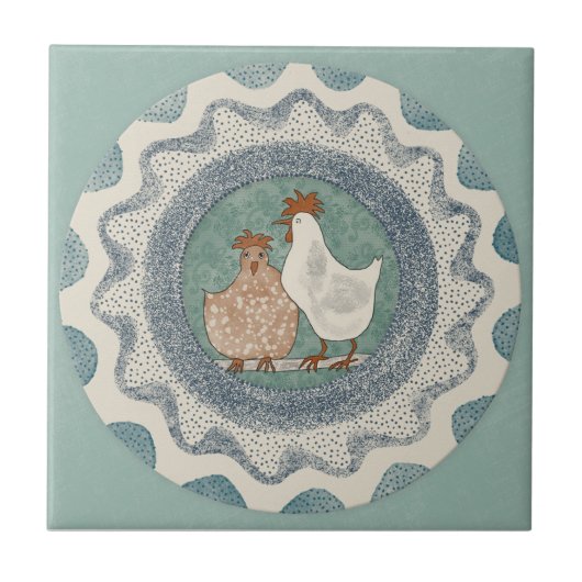 Whimsy Chickens Mint Blue Terracotta Teal Aqua タイル (正面)