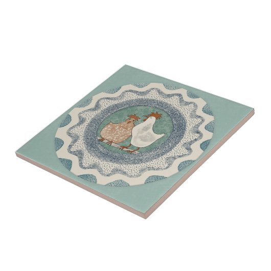 Whimsy Chickens Mint Blue Terracotta Teal Aqua タイル (側面)