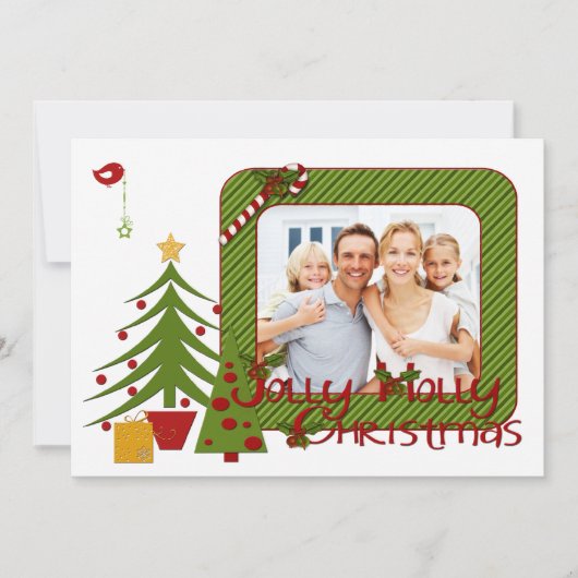 Whimsy Christmas Trees, Bird, ストライプChristmas Photo シーズンカード (正面)