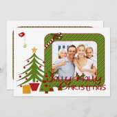 Whimsy Christmas Trees, Bird, ストライプChristmas Photo シーズンカード (正面/裏面)