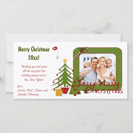 Whimsy Christmas Trees, Bird, ストライプChristmas Photo シーズンカード (正面)