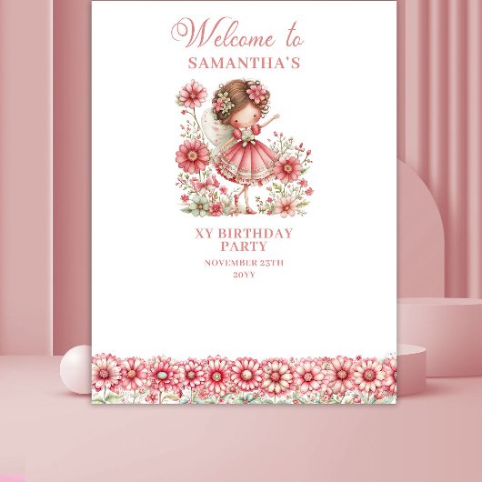 Whimsy Cute Fairy Pink Floral Birthday Backdrop タペストリー