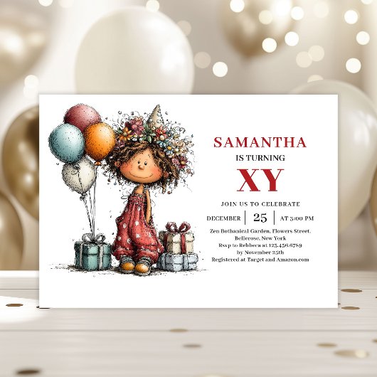 Whimsy Cute Little Girl Playful Birthday Invitatio 招待状