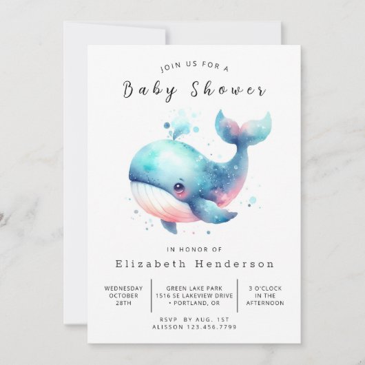 Whimsy Digital Whale Baby Shower 招待状 (正面)