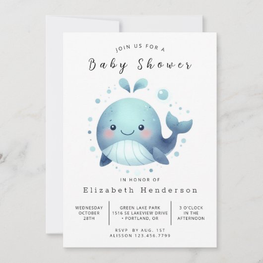 Whimsy Digital Whale Baby Shower 招待状 (正面)