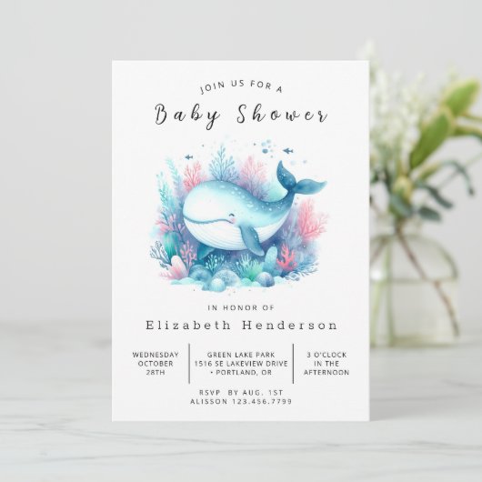 Whimsy Digital Whale Baby Shower 招待状 (スタンド正面)