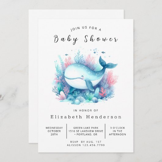 Whimsy Digital Whale Baby Shower 招待状 (正面/裏面)