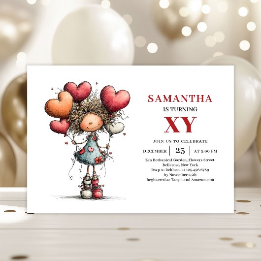 Whimsy Funny Girl Birthday Colorful invitation 招待状