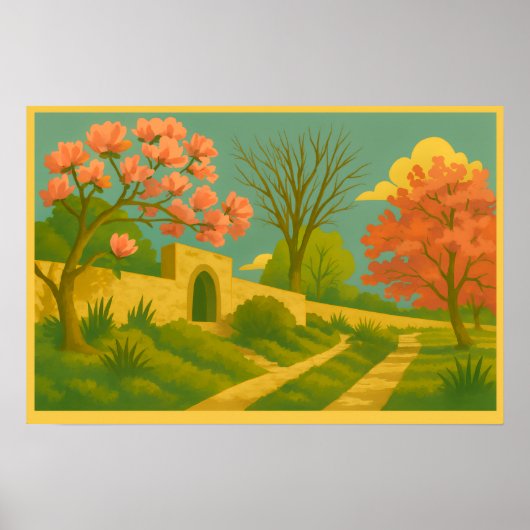 Whimsy Gate – Stylized Garden Path Painting ポスター (正面)