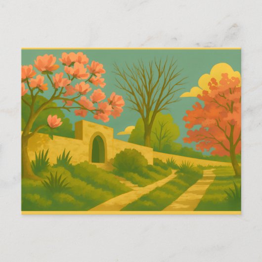Whimsy Gate – Stylized Garden Path Painting ポストカード (正面)