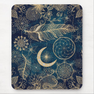 Whimsy Gold Glitter Dreamcatcher Feathers Mandala マウスパッド