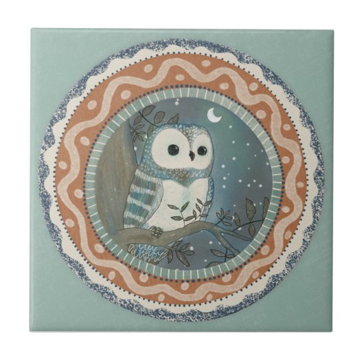 Whimsy Owl Mint Blue Terracotta Teal Aqua タイル (正面)