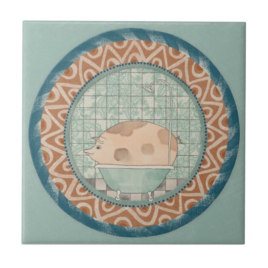 Whimsy Pig Mint Blue Terracotta Aqua Teal タイル (正面)