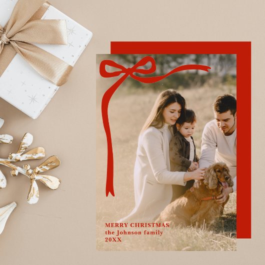 Whimsy Red Ribbon Simple Elegant Photo Christmas シーズンカード