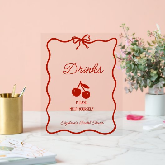 Whimsy Red She's the Cherry on Top Bridal Shower アクリルサイン (ウェディング)