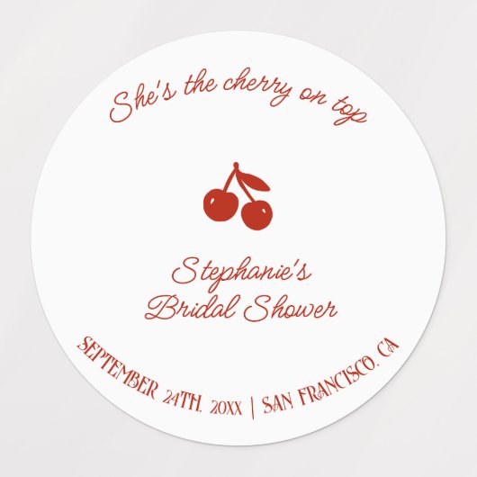 Whimsy Red She's the Cherry on Top Bridal Shower ラベル (デザイン1)