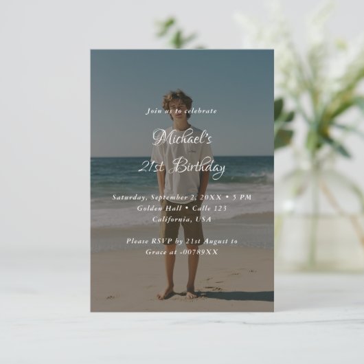 Whimsy Script Any Age Photo Overlay 21st birthday 招待状 (スタンド正面)