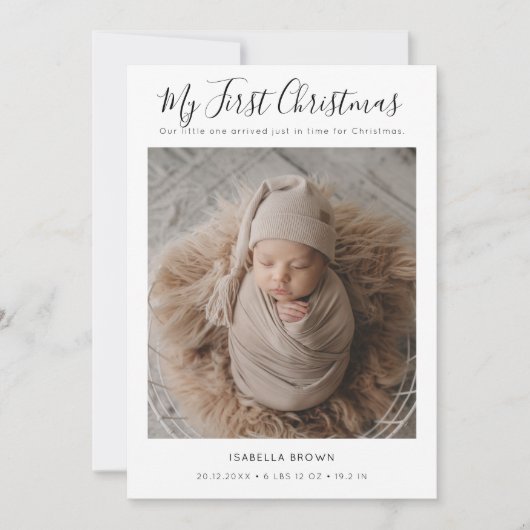Whimsy Script Baby's First Christmas Photo Card シーズンカード (正面)