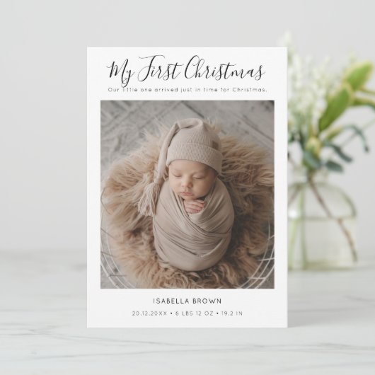 Whimsy Script Baby's First Christmas Photo Card シーズンカード (スタンド正面)
