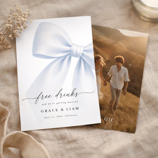 Whimsy Script Bow Free Drinks Wedding Photo セーブザデート