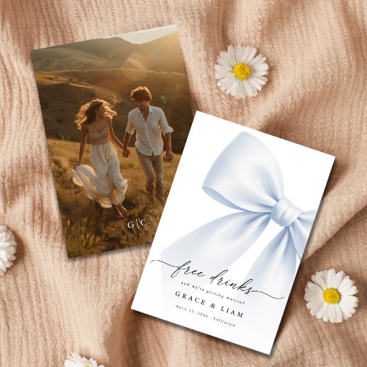 Whimsy Script Bow Free Drinks Wedding Photo セーブザデート