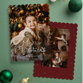 Whimsy script Merry Christmas three photo red シーズンカード