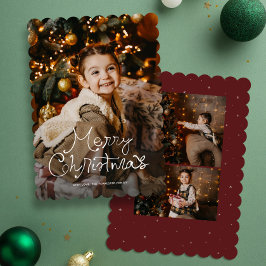 Whimsy script Merry Christmas three photo red シーズンカード