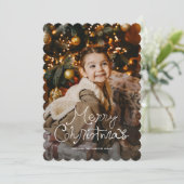 Whimsy script Merry Christmas three photo red シーズンカード (スタンド正面)