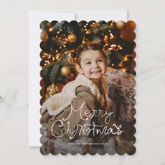 Whimsy script Merry Christmas three photo red シーズンカード (正面)