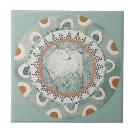 Whimsy Sheep & Bird Mint Blue Terracotta Aqua タイル