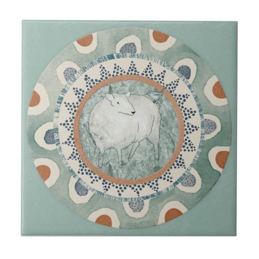 Whimsy Sheep & Bird Mint Blue Terracotta Aqua タイル (正面)