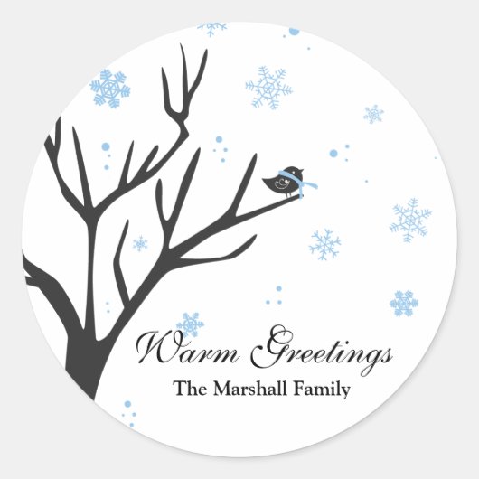 Whimsy Tree and Bird - Snowflakes Sticker ラウンドシール (正面)