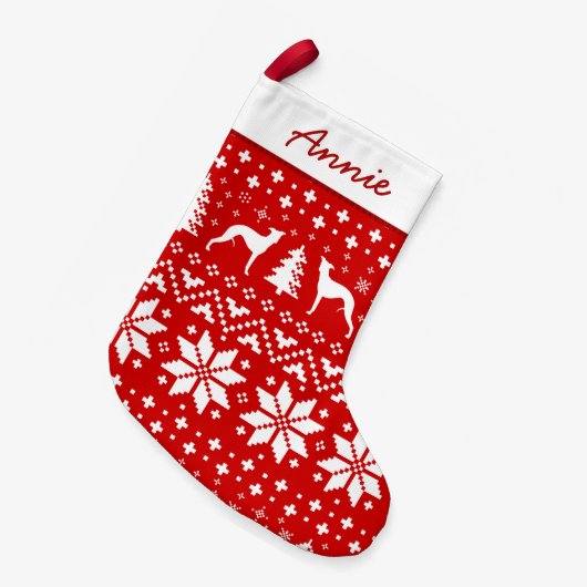 Whippetは赤と白パターンのシルエットを描きます スモールクリスマスストッキング (正面 (吊り時))