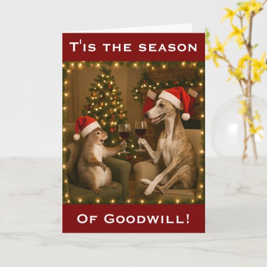 Whippet and Squirrel Christmas greetings card カード (黄色い花)