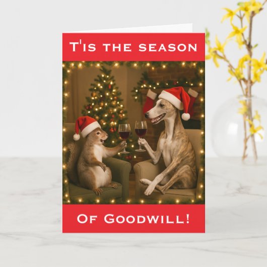 Whippet and Squirrel Christmas greetings card カード (黄色い花)