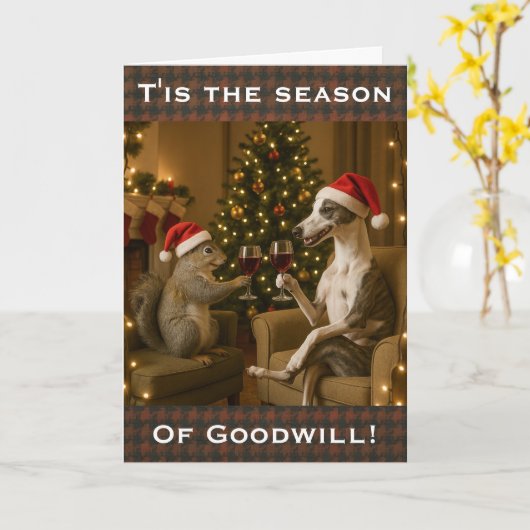 Whippet and Squirrel Christmas greetings card カード (黄色い花)