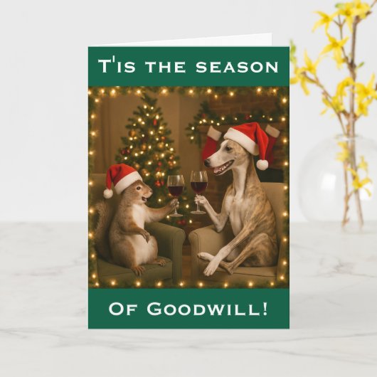 Whippet and Squirrel Christmas greetings card カード (黄色い花)