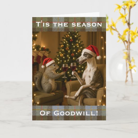 Whippet and Squirrel Christmas greetings card カード (黄色い花)